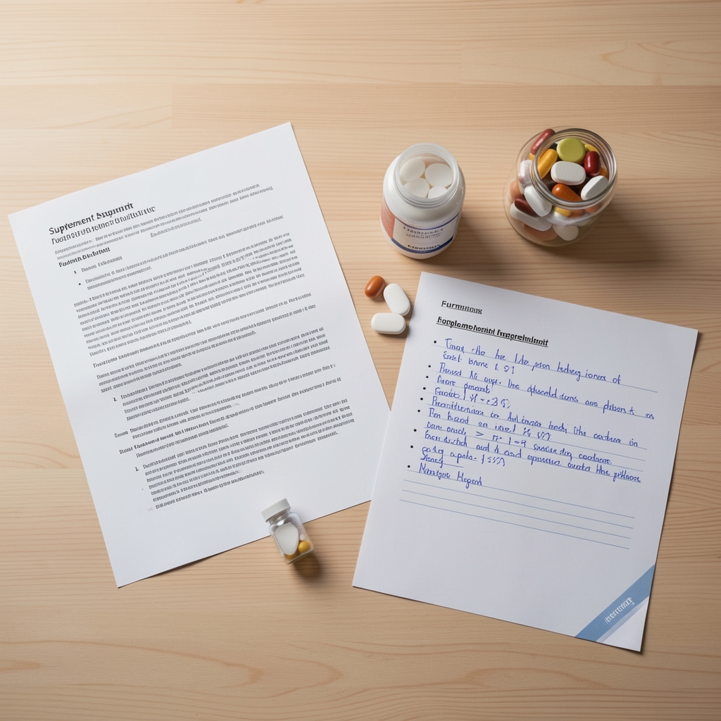 Open pages of an ingredient sourcing journal showing handwritten batch verification notes and dried botanical specimens