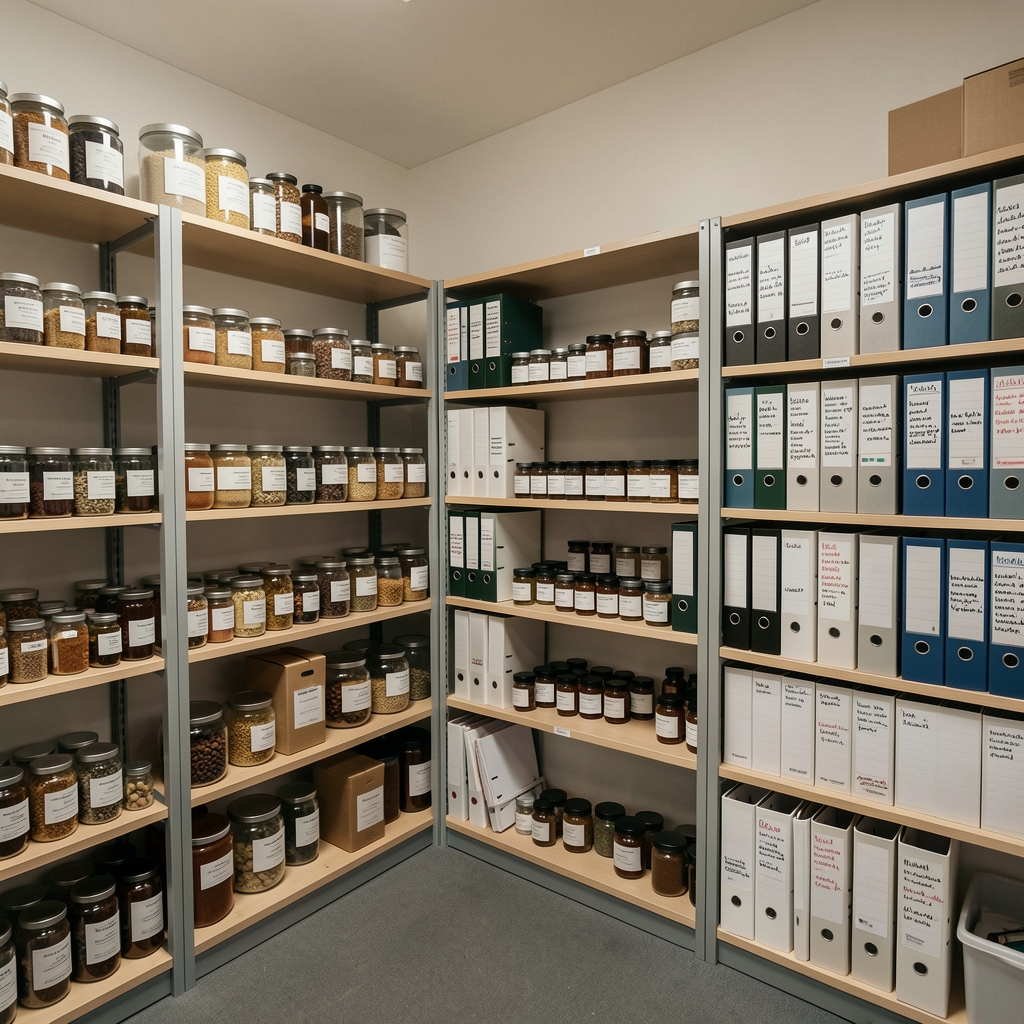 Overhead view of supplement ingredient samples in small glass dishes organised on a quality-control bench in a clean workspace