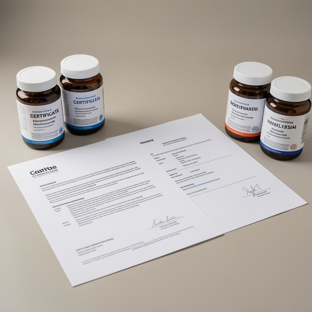 Batch reference certificates and supplier documentation papers fanned out on a wooden desk with a loupe magnifier