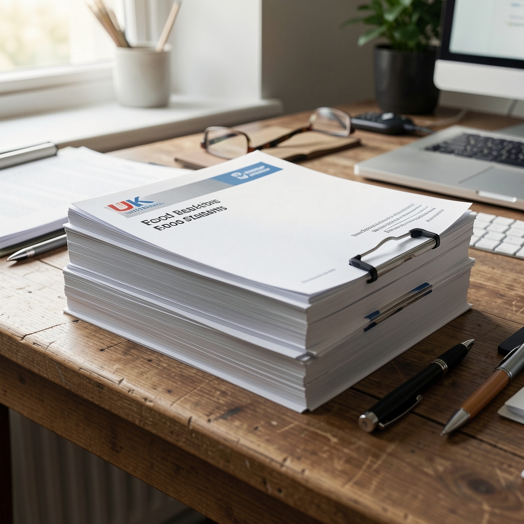 Stack of UK food regulations and food standards documentation on a wooden research desk in natural side light