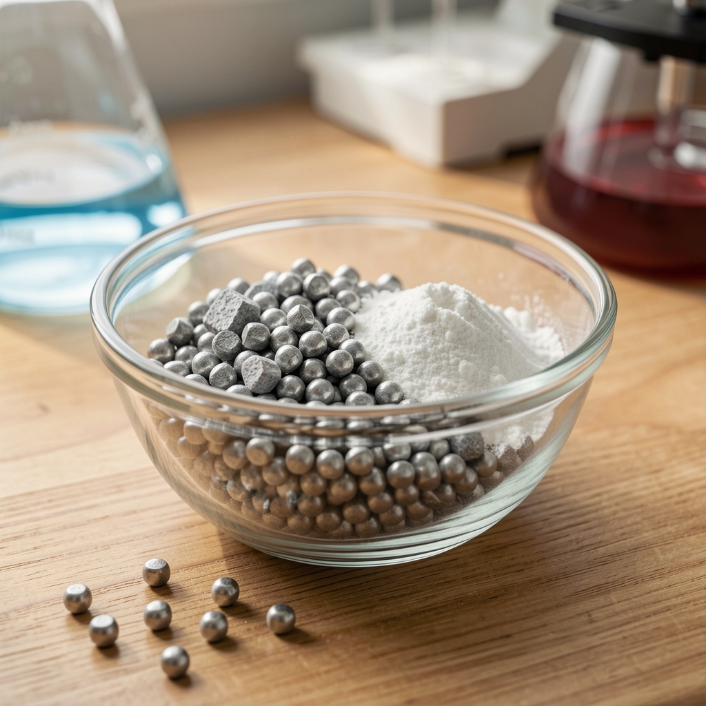 Glass bowl containing magnesium-rich mineral supplements with zinc pellets and selenium powder on a wooden laboratory surface
