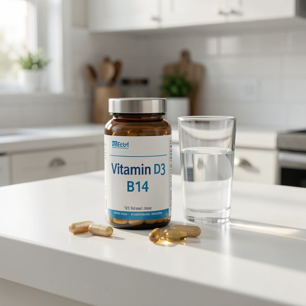 Vitamin D3 and B12 supplement serving displayed with a glass of water on a clean white kitchen counter in morning light
