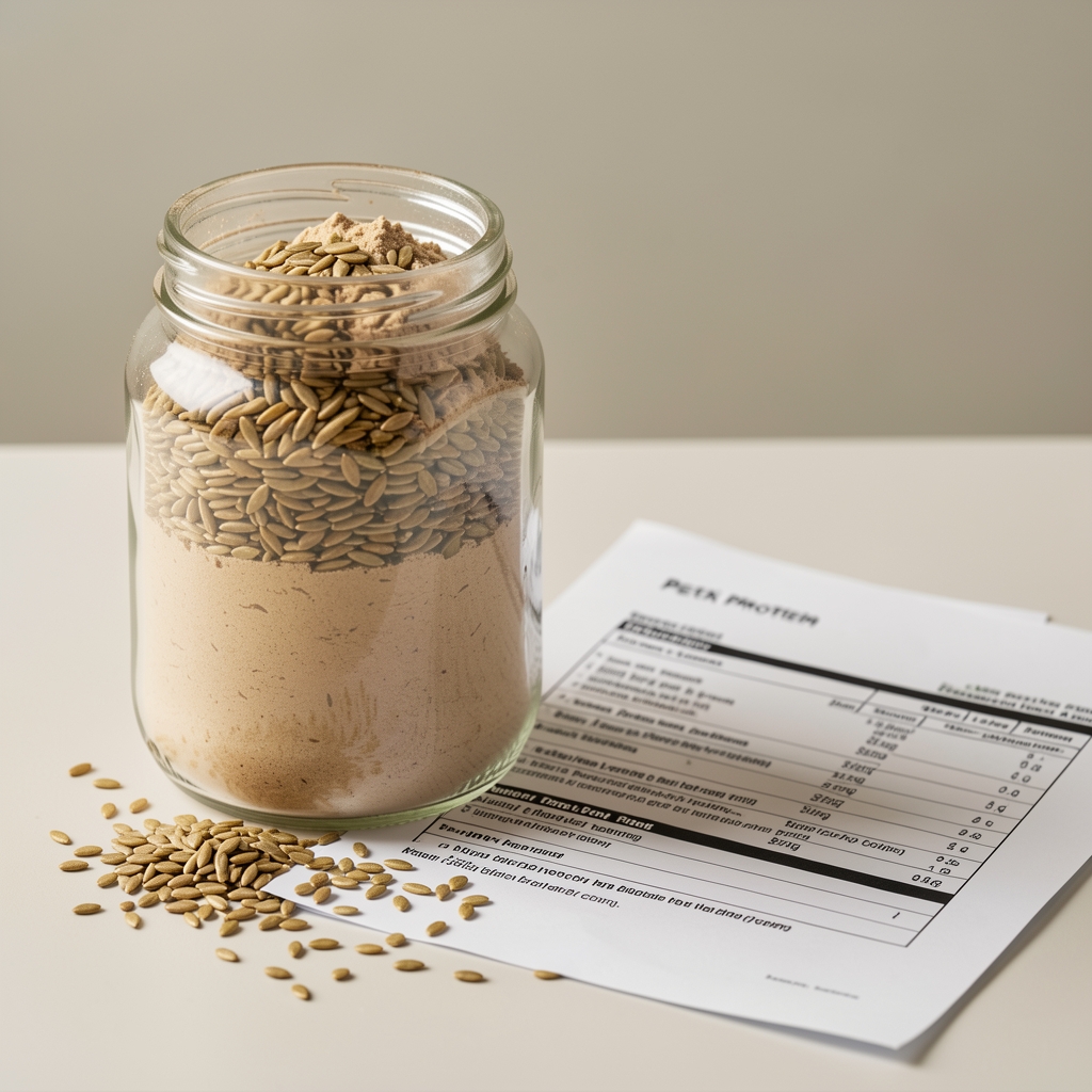 Natural protein blend powder in a clear jar with hemp seeds and pea protein shown alongside batch reference documentation papers