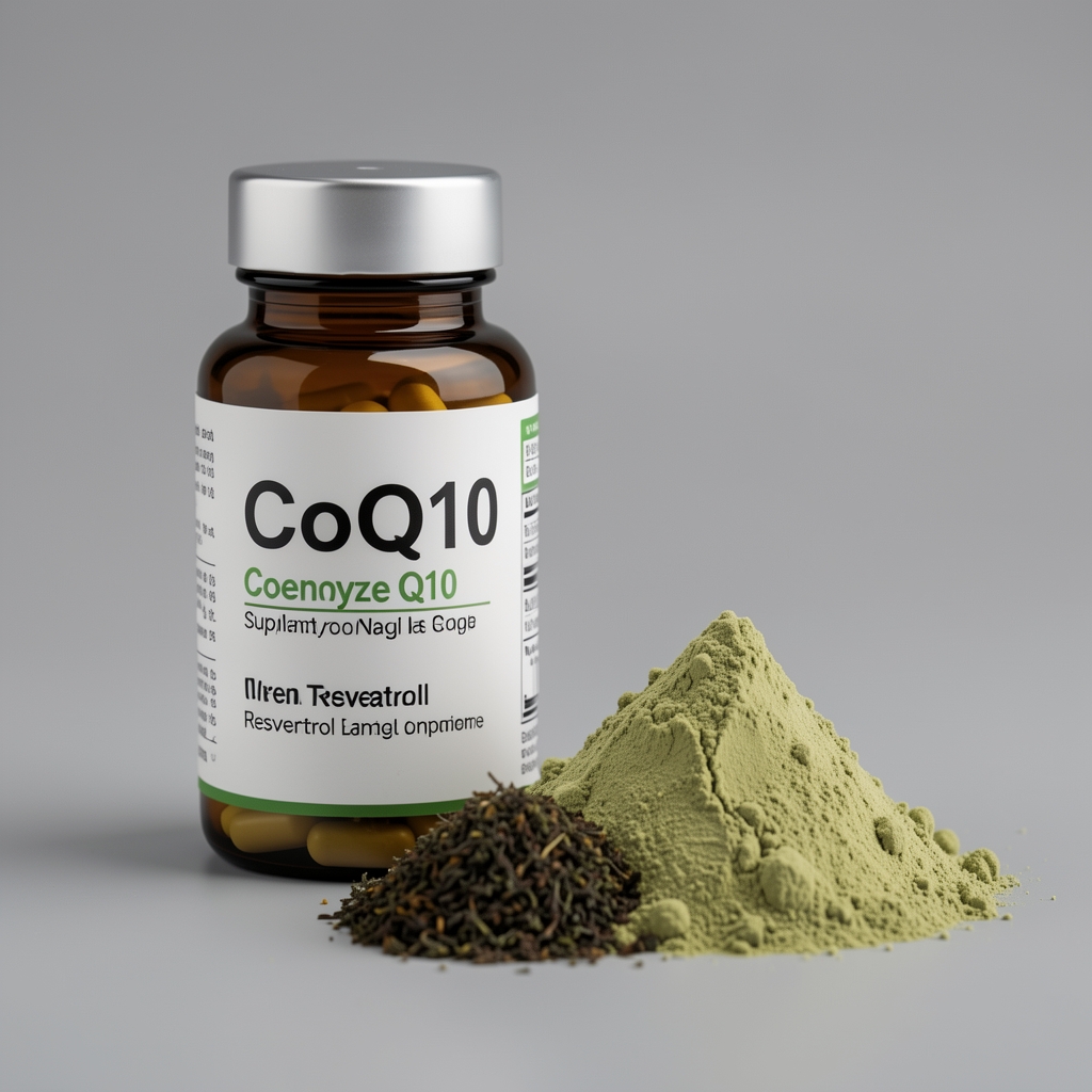 CoQ10 coenzyme Q10 supplement vial alongside green tea extract and resveratrol powder on a neutral grey background