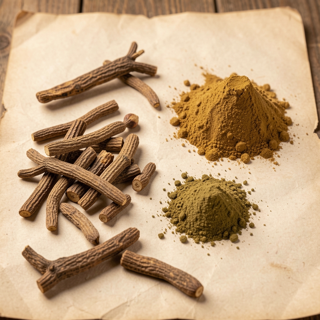 Dried ashwagandha root pieces and KSM-66 root extract powder in botanical specimen arrangement on aged paper documentation